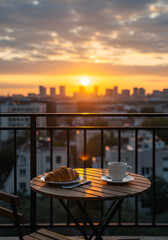 Fototapeta premium Cozy balcony or rooftop terrace with seating and city view at sunset