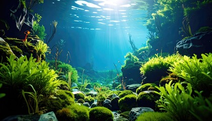 Underwater scene of vibrant aquatic plants and rocks. Sunlight streams down