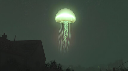 Glowing jellyfish in a foggy night scene above a house