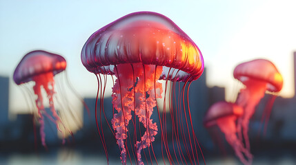 Radiant jellyfish float above cityscape at sunrise.  Blurred city buildings form a soft background.  Jellyfish are vibrant pink and red, with glowing, translucent bell