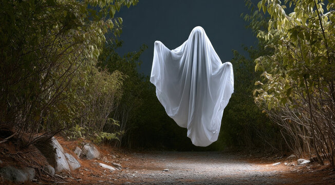 Translucent ghost floats above forest path at night, draped in white sheet, creating mysterious and eerie atmosphere