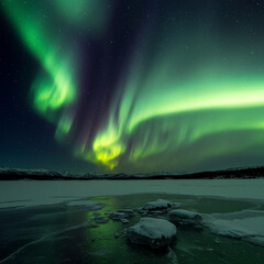 Naklejka premium Spectacular Northern Lights Display Over a Frozen Lake: Isolated Digital Art, 8k.