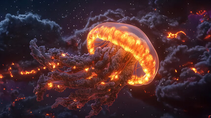 Fiery jellyfish in a cosmic storm.  A luminous, orange jellyfish, with dark, smoky tentacles, floats amidst a stormy night sky filled with glowing particles