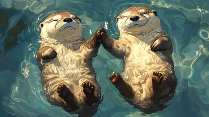 Two Cute Otters Floating Together in Calm Water at Daytime