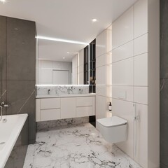 Stylish bathroom with marble floor and walls, wall-mounted toilet, floating vanity, and large mirror. Modern lighting and built-in shelves add a sleek, luxurious feel