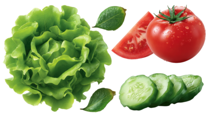 Fresh green lettuce isolated on transparent background with tomato and cucumber slices