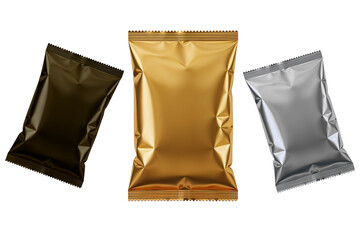 Three blank foil packaging bags in gold, silver, and black isolated on transparent background