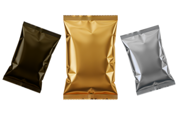 Three blank foil packaging bags in gold, silver, and black isolated on transparent background