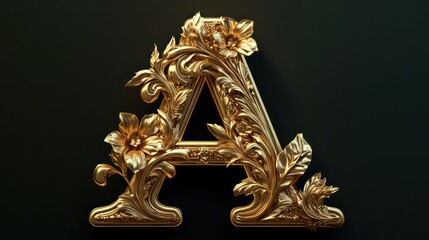 Ornate Golden Letter A Adorned with Floral and Leafy Baroque Embellishments on Black Background