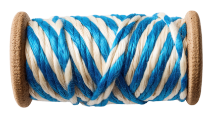 Blue and white twisted rope isolated on transparent background with wooden spool for crafting