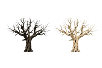 Two gnarled bare trees isolated on a transparent background