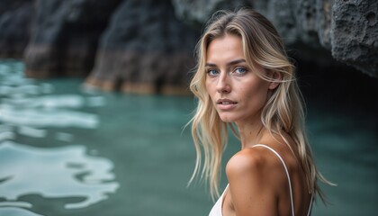 Close-up of a young woman with long blonde hair by the water, looking back with a serene expression