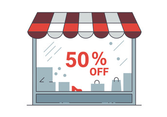 Storefront with 50 Off Sign Red Shoe and Shopping Bags Illustration.