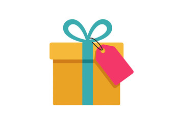 Stylized Gift Box with Teal Ribbon and Pink Tag Flat Vector Illustration.