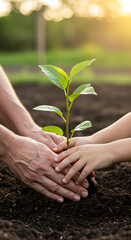 Hands gently holding a young plant in soil, symbolizing growth and care