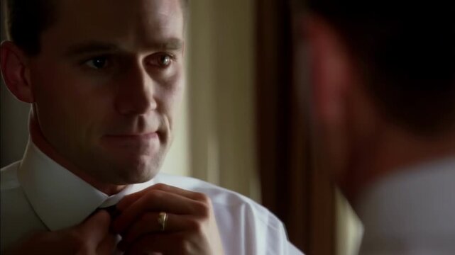 Man adjusting tie in white shirt getting ready in bedroom, professional preparation for business meeting or formal event.