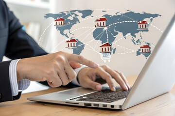 Franchise business store shop concept. Investment expansion with location world map and open new branch shop. Businessman touching franchise icon on virtual screen.