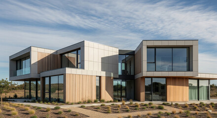 Fototapeta premium A modern, single-story house with clean lines, neutral tones, and large windows in daylight.