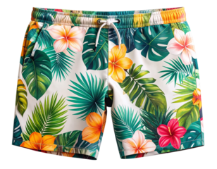 Tropical Print Men’s Swim Trunks, Flat Lay Front View, Drawstring Visible, isolated on transparent background