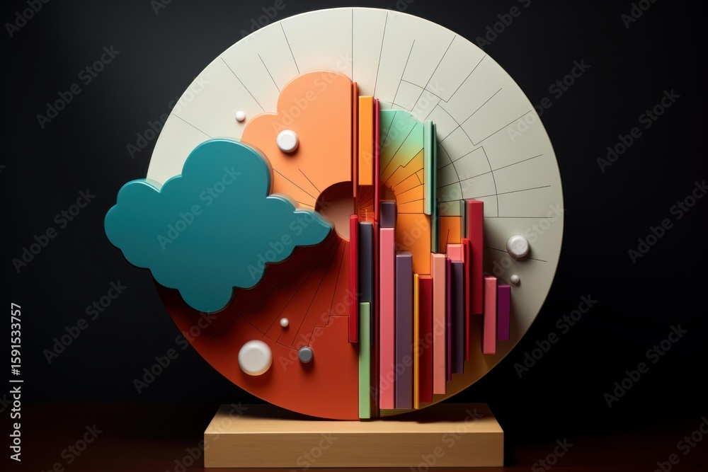 Poster abstract data visualization with colorful 3d geometric shapes, representing complex information in a