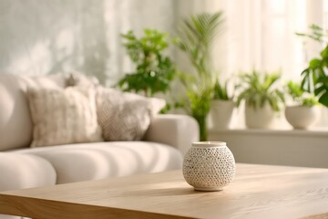 Cozy Living Room With Plants And Decor On Wooden Coffee Table