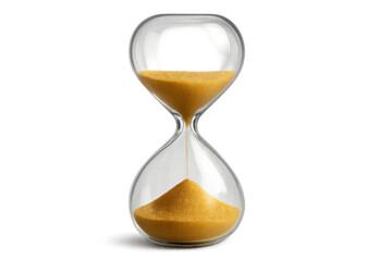 Golden hourglass draining sand, symbolizing transient nature of time against transparent backdrop