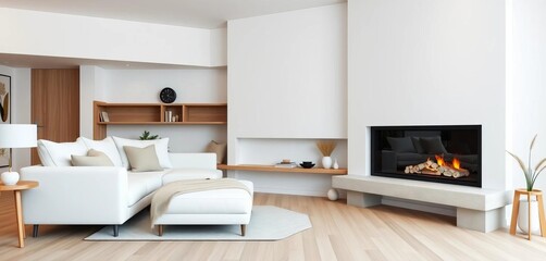 Fototapeta premium Stylish white corner sofa by minimalist Scandinavian fireplace, light wood accents, modern, furniture