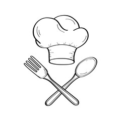 Spoon fork and chef's hat doodle icons. Kitchen chef design logo template. Vector illustration on a white background.