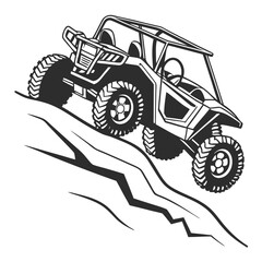 Black and white off road vehicle climbing steep terrain all terrain vehicle buggy