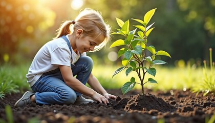 young girl planting a small tree in the soil with a joyful expression in a sunny garden