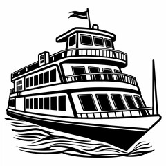 Obraz premium Black and white passenger ferry boat with flag passenger boat ship