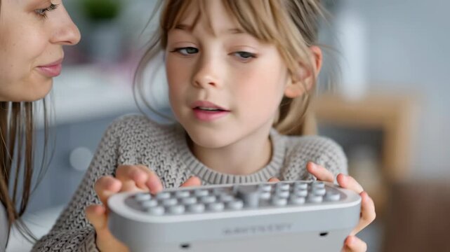 Caring mother guides her daughter through gamified learning for attentive child education, gentle moment of family care
