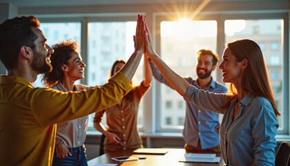 group of young professionals celebrating teamwork with high fives in a bright office setting