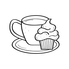A cup of hot coffee and cupcake doodle icon. Cafe logo design concept. Vector illustration on a white background.