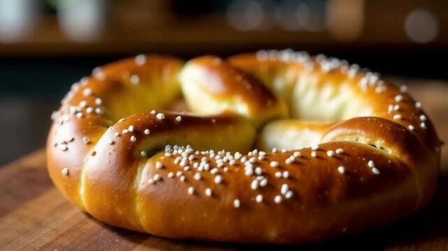 A freshly baked pretzel with a golden-brown crust and coarse salt on a wooden surface. The pretzel is soft and twisted in shape, ideal for snacking.