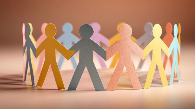 Paper cutout team holding hand in circle creates positive social impact through community unity and support