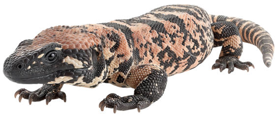 Full-body high-resolution Gila monster PNG cutout on a seamless transparent background, showcasing lifelike scaly texture ideal for reptile identification, wildlife education infographics