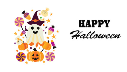 Fototapeta premium Illustration of a ghost wearing a witch hat surrounded by pumpkins and candy for halloween celebration