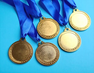 Gold medals with blue ribbons on a light-blue background