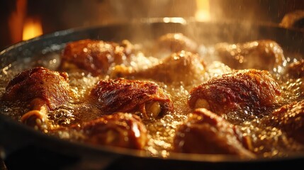 Fototapeta premium Sizzling Chicken Thighs in Skillet