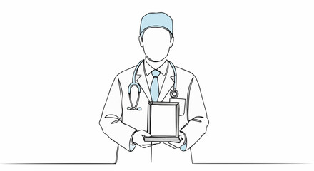 Medical professional holding a clipboard, drawn in a minimal style, with a clean aesthetic.