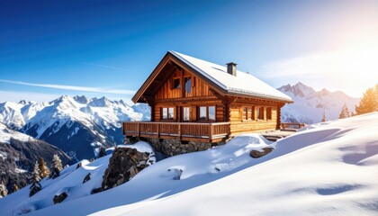 Cozy mountain chalet nestled in snowy peaks