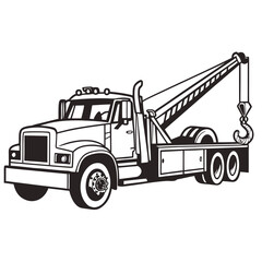 Black and white tow truck with crane and hook vehicle