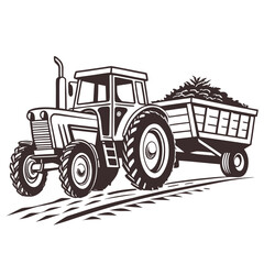Brown tractor hauling crop in trailer farm
