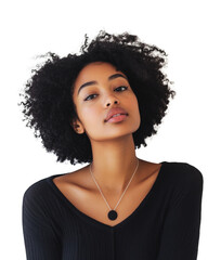 Portrait of a woman with curly hair wearing necklace