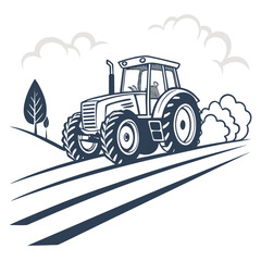 Dark blue tractor plowing field with clouds farming