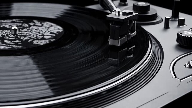 A close up view of a spinning vinyl record on a DJ turntable highlights the needle moving across the grooves capturing vintage music culture analog sound and retro entertainment aesthetics in