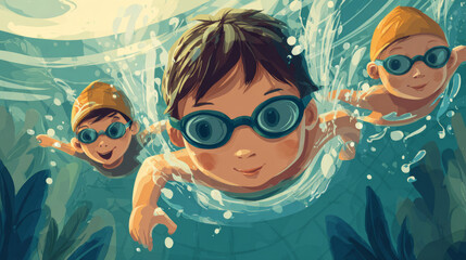 Another illustrated poster design promoting swimming lessons for children, focusing on skill development and training