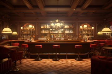 Warm lighting illuminates a classic english pub interior, featuring a wooden bar, red stools, and shelves filled with various liquors