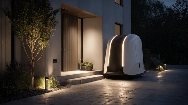 Modern delivery pod at night, illuminated by soft lights